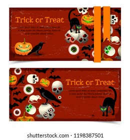 Halloween horizontal banners with holiday elements lettering trick or treat and orange ribbon isolated vector illustration