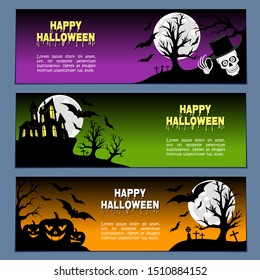Halloween horizontal banners leaflets purple, green and orange gradient vector set