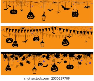 Anuncios Horizontales de Halloween con hojas de arce, calabazas y objetos de miedo sobre fondo naranja. Ilustración vectorial.	
