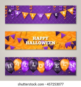 Halloween Horizontal Banners Set with Balloons and Flag Garlands Decorations. Vector Illustration. Party Decor in Traditional Colors. Trick or Treat. Holiday Greetings, Confetti and Serpentine