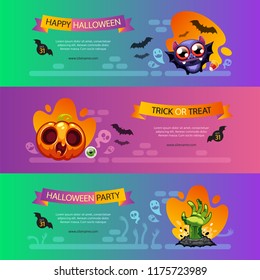 Halloween horizontal banners set on vibrant background. Happy halloween pumpkin and spooky owl banners. Night bat poster. Clipping paths included.