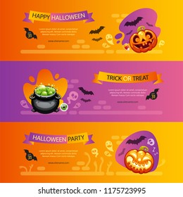 Halloween horizontal banners set on colorful background. Happy halloween pumpkins posters. Clipping paths included.