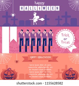 Halloween horizontal banners set with traditional symbols of holiday in flat vector illustration - witch on broomstick over graveyard, zombies and carved pumpkins for greeting or invitation card.