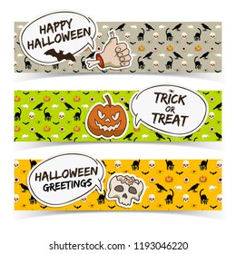 Halloween horizontal banners with speech clouds paper zombie arm pumpkin skull on icons background vector illustration