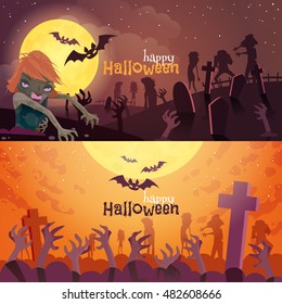  Halloween horizontal cartoon banners set with zombie isolated vector illustration 