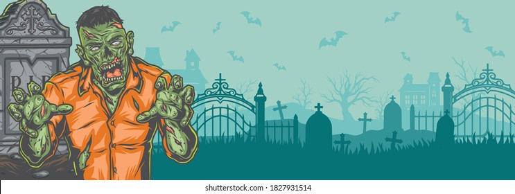 Halloween horizontal colorful template with scary zombie on cemetery background vector illustration