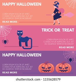 Halloween horizontal congratulation banners set with traditional symbols of holiday in flat vector illustration - witch on broomstick, black cat and carved pumpkin for greeting or invitation.