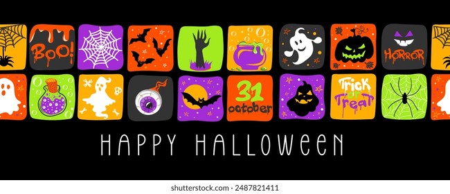 Halloween horizontal design with pumpkins, ghosts, bats and spiders. Hand drawn colorful doodle collage, great for Halloween banners, posters, card and invitation. Vector illustration