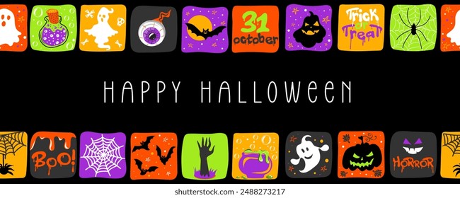 Halloween horizontal design with pumpkins, ghosts, bats and spiders. Hand drawn colorful doodle collage, great for Halloween banners, posters, card and invitation. Vector illustration