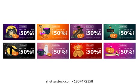 Halloween horizontal discounts banners isolated on white background. Purple, black, pink, red, green and orange Halloween banners with Halloween elements