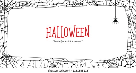 Halloween horizontal frame black cobweb and spider on white background ilustration vector. Halloween concept.