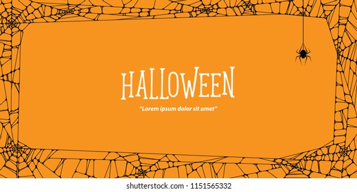 Halloween  horizontal frame black cobweb and spider on orange background ilustration vector. Halloween concept.