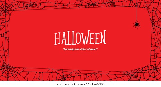 Halloween horizontal frame black cobweb and spider on red background ilustration vector. Halloween concept.