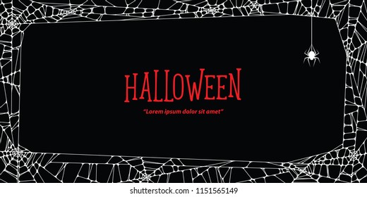 Halloween horizontal frame white cobweb and spider on black background ilustration vector. Halloween concept.