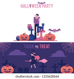 Halloween horizontal greeting banners set with traditional symbols of holiday in flat vector illustration - witch on broomstick over graveyard and zombie with carved pumpkins and tombs.