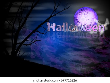 HALLOWEEN. Horizontal inscription on a blue background with wood, moon and clouds.
