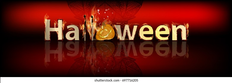 HALLOWEEN. Horizontal inscription on a red background with fire. Fire letters. Two matches and a pumpkin.