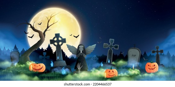 Halloween horizontal night composition with laughing pumpkin near old cemetery gravestones and grave crosses vector illustration