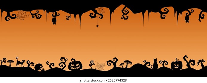 Padrão horizontal de Halloween, ramos assustadores e teias de aranha, abóboras e morcegos se fecham. Design vetorial.
