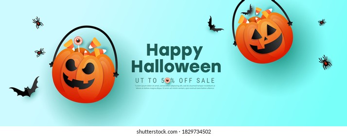 Halloween horizontal poster template design with trick or treat pumpkin and color candy, bats on blue background.
