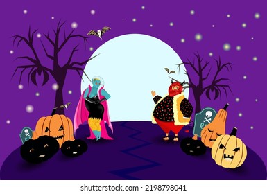 Halloween horizontal poster with vampires, pumpkins and devil. Bright Halloween design.