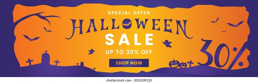 Halloween Horizontal Sale 30% off Banner. Email marketing web banner. Banner with cross, ghost, pumpkin. Typography and calligraphy of Halloween. Silhouette Orange purple banner illustration.