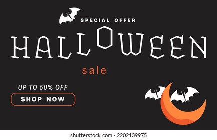 Halloween Horizontal Sale, 50% Discount Banner. Email marketing web banner. Black background banner with Spider, spider web, pumpkin. Halloween typography and calligraphy. Dark black banner illustrati