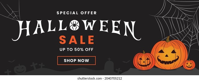 Halloween Horizontal Sale 50% off Banner. Email marketing web banner. Black background banner with Spider, spider web, pumpkin. Typography and calligraphy of Halloween. Dark black banner illustration.