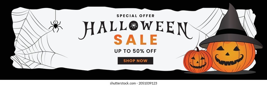 Halloween Horizontal Sale 50% off Banner. Email marketing web banner. Black background banner with Spider, spider web, pumpkin. Typography and calligraphy of Halloween. Black border illustration.