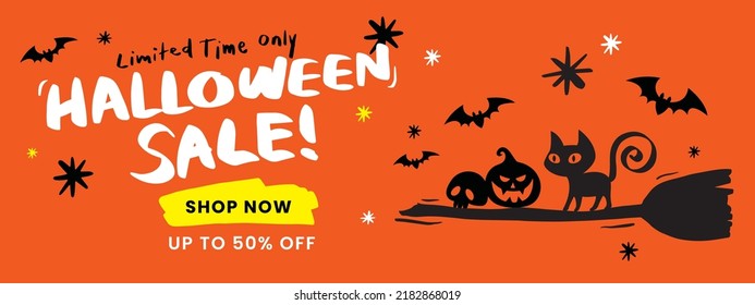 Halloween Horizontal Sale 50% off, Shop Now Banner. Limited Time Email marketing web banner.  Cat, Broom, pumpkin, bat, Spooky. Hand Lettering, calligraphy of Halloween. Orange banner illustration.