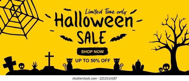 Halloween Horizontal Sale 50% off, Shop Now Banner. Limited Time only Email marketing web banner.  Skull, pumpkin, Bat. Hand Lettering, calligraphy of Halloween. Yellow banner illustration. eps 10.