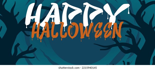 Halloween Horizontal Sale 50% off Banner. Email marketing web banner. Black background banner with Spider, spider web, pumpkin. Typography and calligraphy of Halloween. Black border illustration.