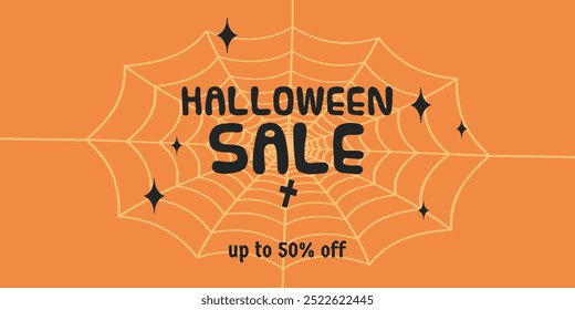 Halloween horizontal sale 50% off banner with spider webon orange background