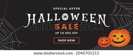 Halloween Horizontal Sale 50% off Banner. Email marketing web banner. Black background banner with Spider, spider web, pumpkin. Typography and calligraphy of Halloween. Dark black banner illustration.