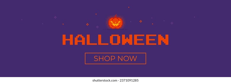 Halloween horizontal sale banner. Email marketing header. Vector violet background design with 8-bit pixel art pumpkin. Promotion template with jack-o-lantern