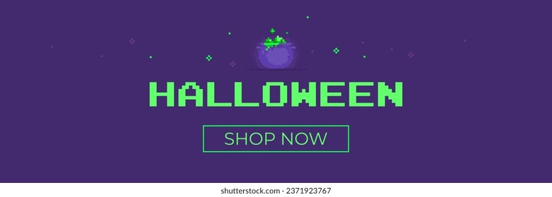 Halloween horizontal sale banner. Email marketing header. Vector violet background design with 8-bit pixel art witch's cauldron. Promotion template with poison pot
