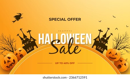 Halloween horizontal sale banner header with halloween haunted house dead tree and realistic pumpkins