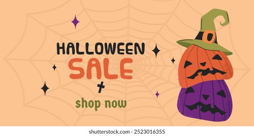 Halloween horizontal sale shop now banner with spider web pumpkins and witch hat on orange background