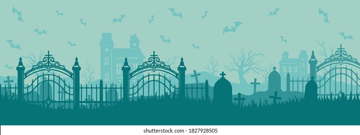 Halloween horizontal template of graveyard with tombstones flying bats haunted houses dry trees in vintage style vector illustration