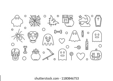 Halloween horizontal vector minimal illustration or banner made with funny halloween icons in thin line style