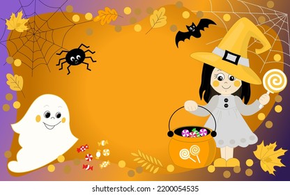 Halloween horizontal web banner with little girl witch, ghost, spider, and bat on orange and purple background with autumn leaves and cofetti. Funky kids Halloween background with greeting text.