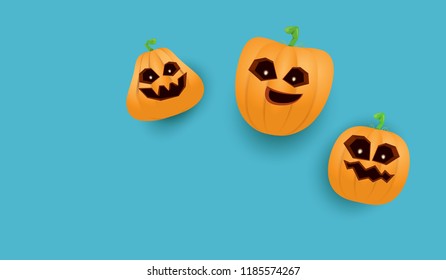 Halloween Horizontal web Banner or poster with Halloween scary pumpkins isolated on azure wall background. Funky kids Halloween background with space for text