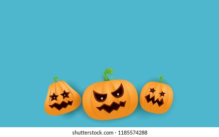 Halloween Horizontal web Banner or poster with Halloween scary pumpkins isolated on azure wall background. Funky kids Halloween background with space for text