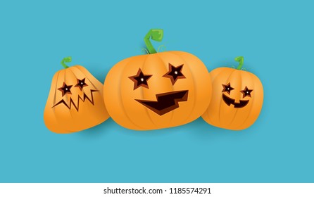 Halloween Horizontal web Banner or poster with Halloween scary pumpkins isolated on azure wall background. Funky kids Halloween background with space for text