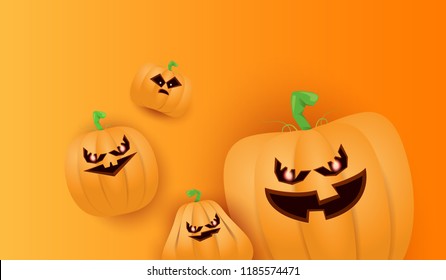 Halloween Horizontal web Banner or poster with Halloween scary pumpkins isolated on orange wall . Funky kids Halloween background with space for text