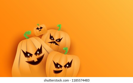 Halloween Horizontal web Banner or poster with Halloween scary pumpkins isolated on orange wall . Funky kids Halloween background with space for text