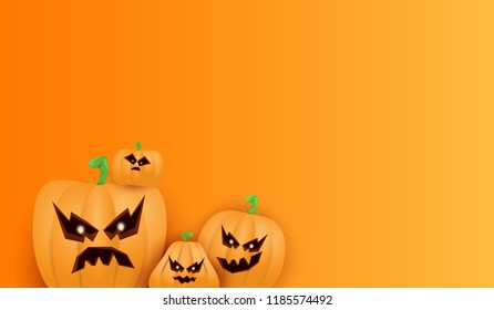 Halloween Horizontal web Banner or poster with Halloween scary pumpkins isolated on orange wall . Funky kids Halloween background with space for text