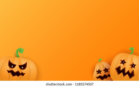 Halloween Horizontal web Banner or poster with Halloween scary pumpkins isolated on orange wall . Funky kids Halloween background with space for text