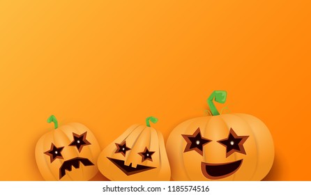 Halloween Horizontal web Banner or poster with Halloween scary pumpkins isolated on orange wall . Funky kids Halloween background with space for text