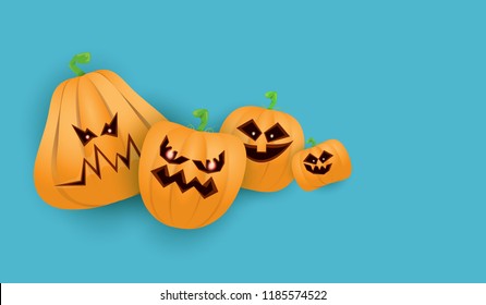 Halloween Horizontal web Banner or poster with Halloween scary pumpkins isolated on azure wall background. Funky kids Halloween background with space for text